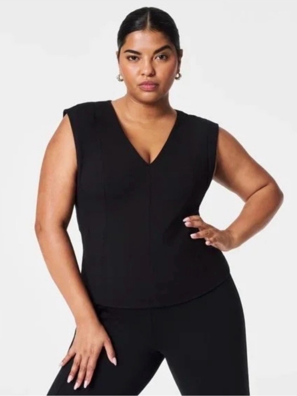 NWT Spanx Ponte Seamed V Neck Top Black Sleeveless Sculpting Stretch Blouse Vest